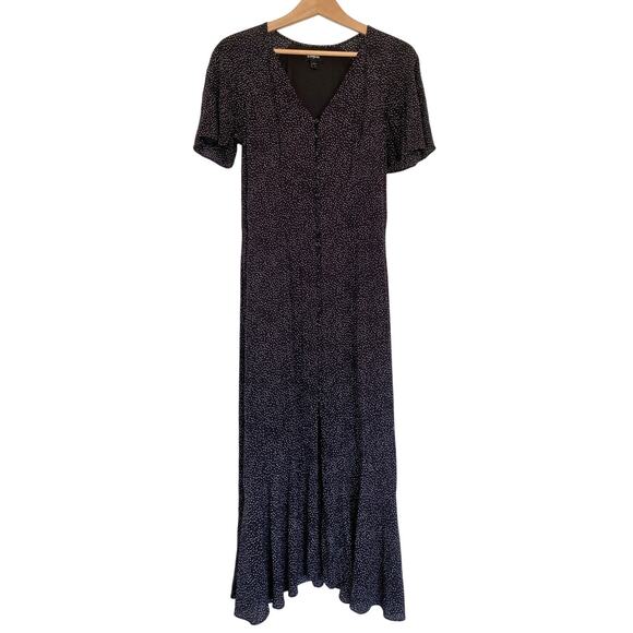 Express V-Neck Front Button Midi Dress Black White Spot Romantic Flutter Sleeve - Picture 1 of 12